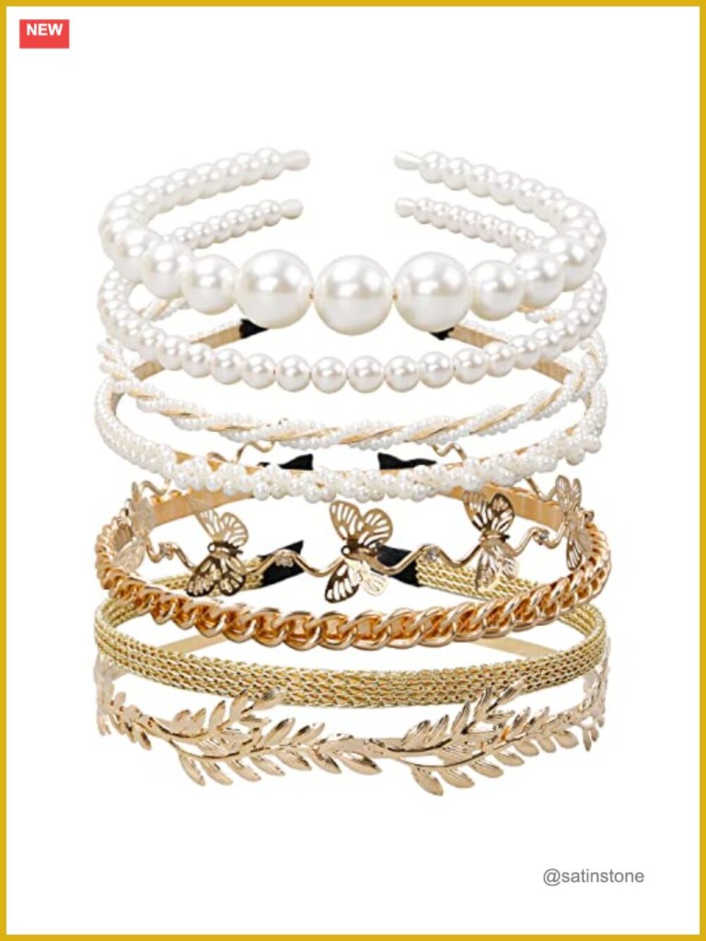 8 Pack Pearl Headbands with Gold Metal Butterfly Leaf for Bridal Wedding Party